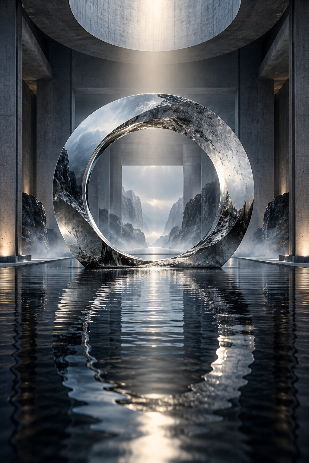 Escultura circular plateada en arquitectura cinematográfica