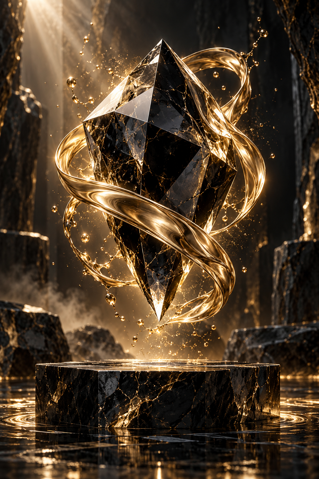 Escultura de diamante negro con oro líquido